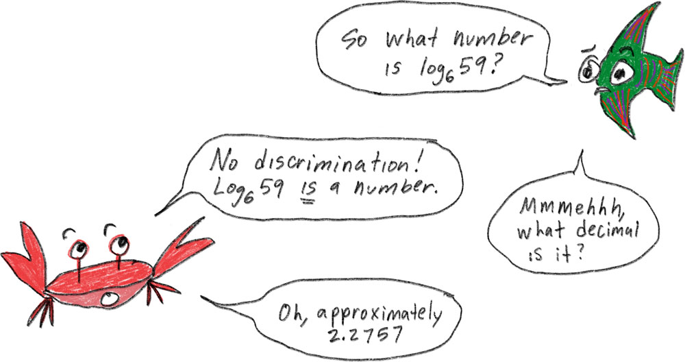 fish says, So what number is log base 6 of 59? Crab replies, No discrimination! Log base 6 of 59 is a number. Fish replies, meh what decimal is it? Crab replies, Oh approximately 2.2757